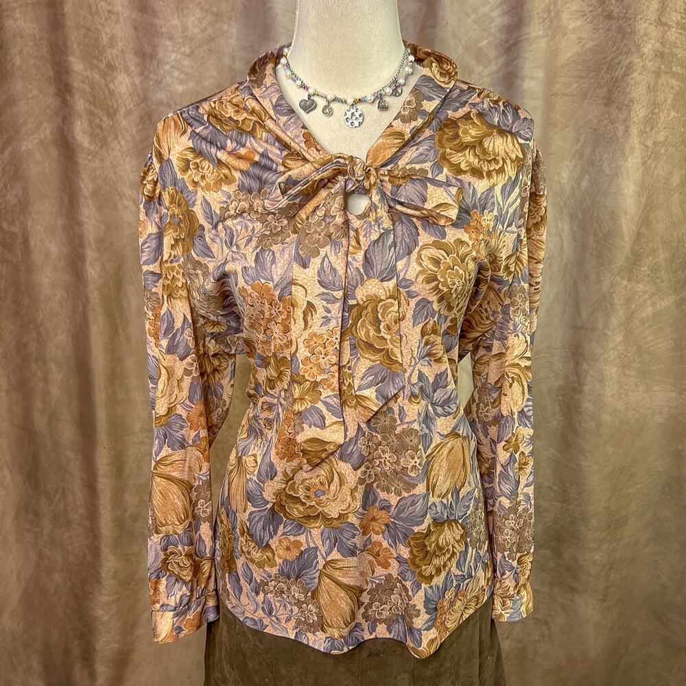Vintage 70s Polyester Blouse Floral Tie Neck Earthy Multicolor Retro Disco